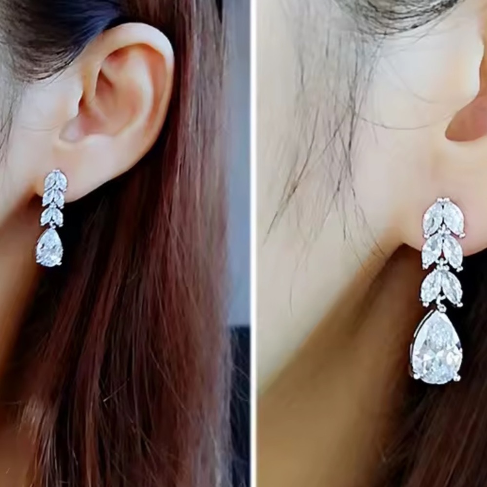 New Zircon Bride Color Silver Leaf Drop Earrings